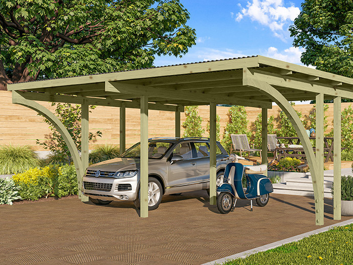 Doppelcarport in grün mit silberfarbenden VW und einem blauen Motorroller auf einer Gartenauffahrt